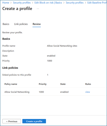 Screenshot of Security profiles, Edit Block on risk, Basics, Security profiles, Edit Baseline profile, Create a profile.