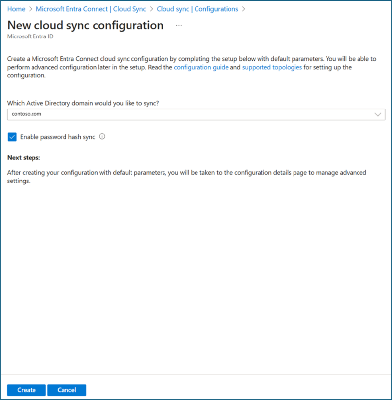 Screenshot of Microsoft Entra Connect, Cloud Sync, Configurations, New cloud sync configuration.