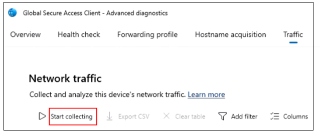 Screenshot of Global Secure Access Client, Advanced diagnostics, Traffic, Network traffic, Start collecting.