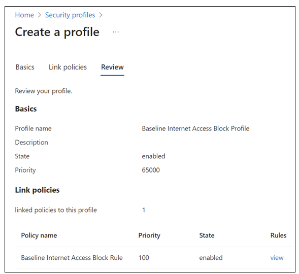 Screenshot of Global Secure Access, Security profiles, Review for baseline policy.