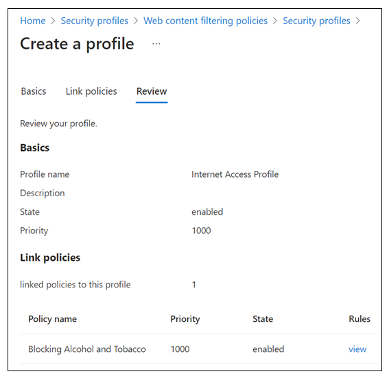 Screenshot of Global Secure Access, Security profiles, Review for category policy.