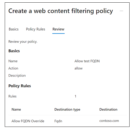 Screenshot of Global Secure Access, Security profiles, Create a profile, Web content filtering policies, Review for allow blocked policy.