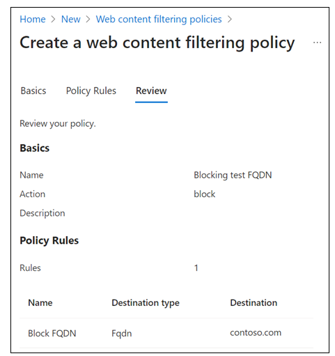 Screenshot of Global Secure Access, Security profiles, Create a profile, Web content filtering policies, Review for block FQDN policy.