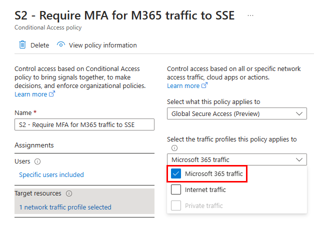 Screenshot of Conditional Access policy options.