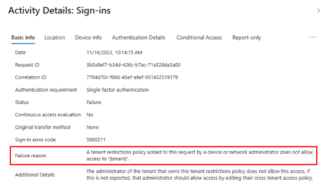 Screenshot of sign-in logs showing Basic info tab for an item that indicates a Failure reason of tenant restrictions policy not allowing access.