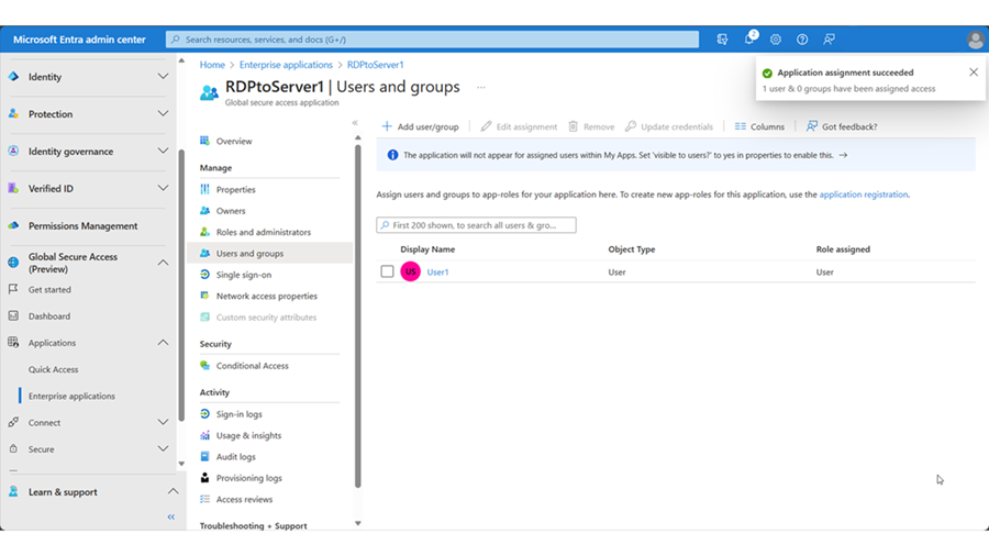 Screenshot of Global Secure Access, Applications, Enterprise applications, Manage, Users and groups window.