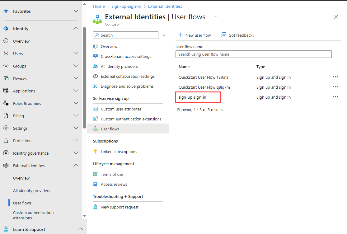 Screenshot showing where to select the user flow.