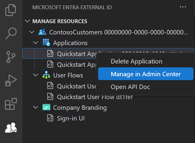 Screenshot of the open in admin center option.