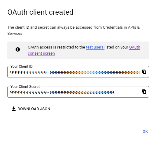 Screenshot that shows the OAuth client ID and client secret.