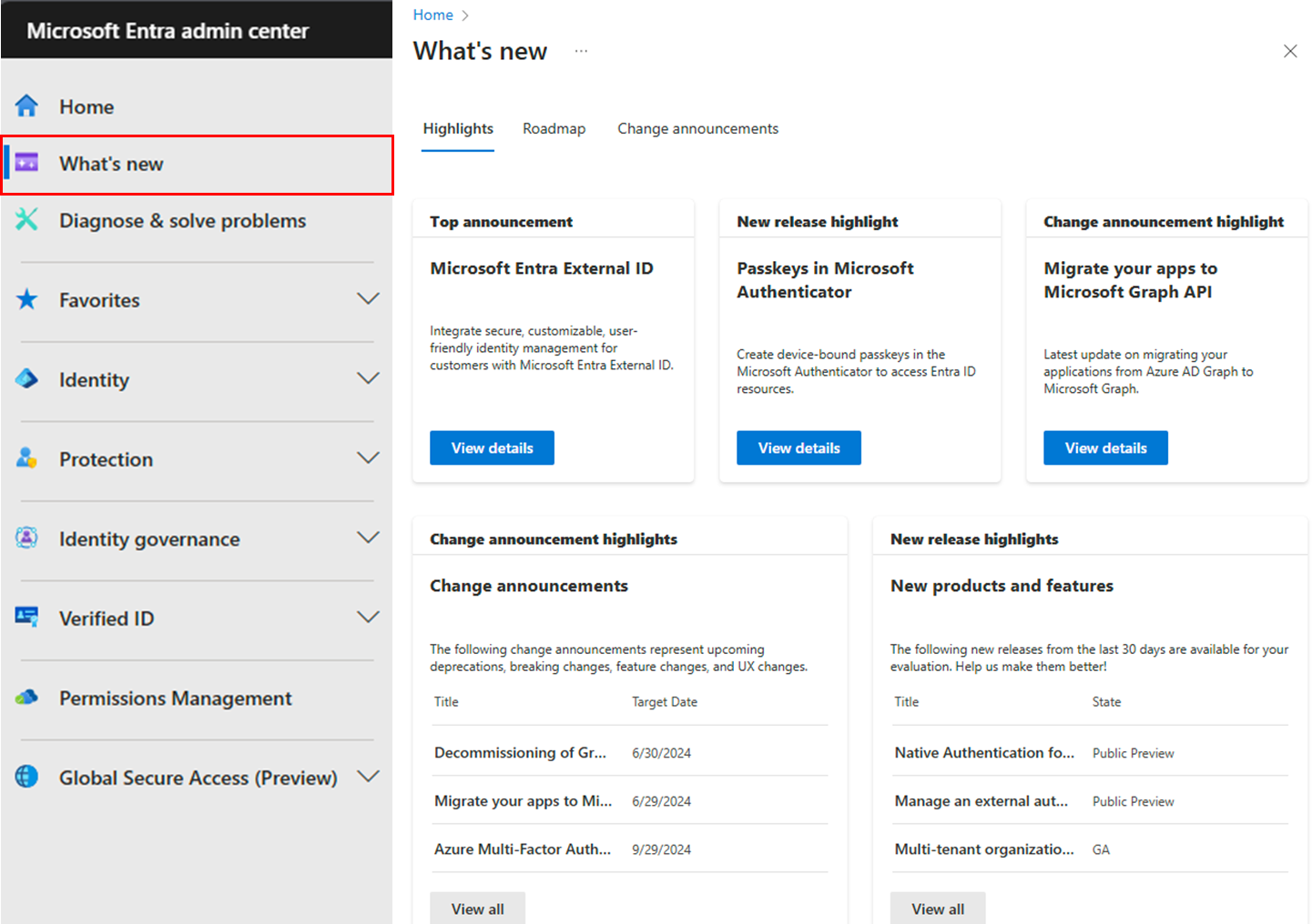 Screenshot of the Microsoft Entra admin center What's new page.