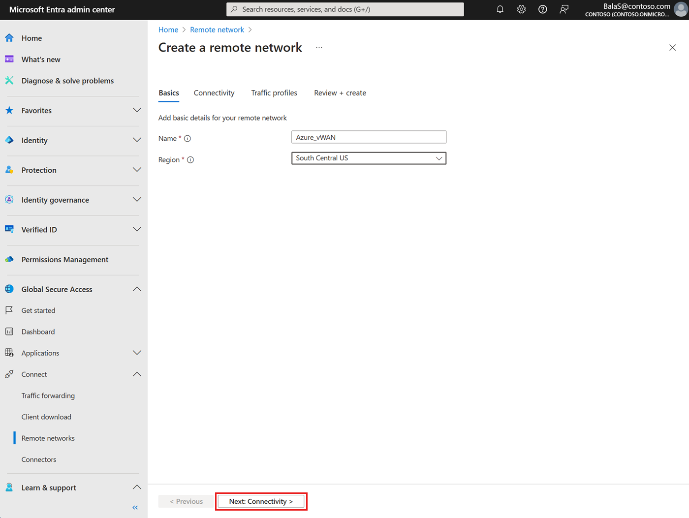 Screenshot of the Create a remote network page on the Basics tab, with the Next: Connectivity button highlighted.