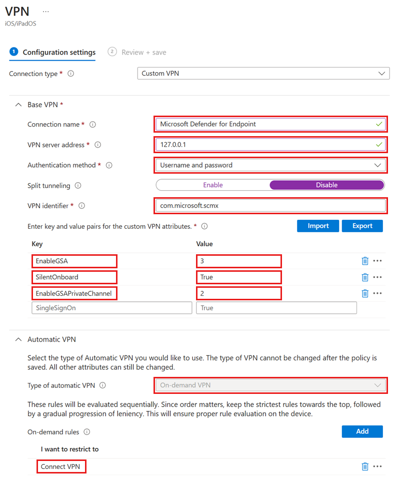 Screenshot of the VPN screen showing example setup parameters.