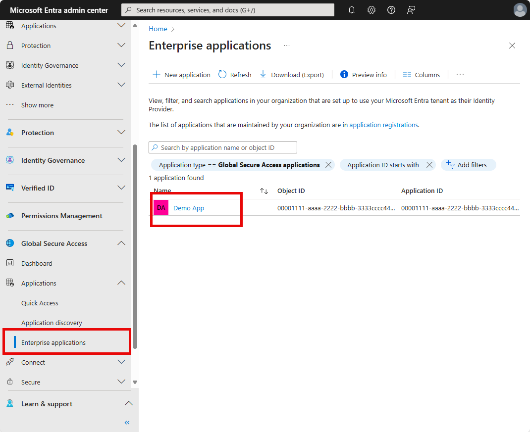 Screenshot of the Enterprise applications details.