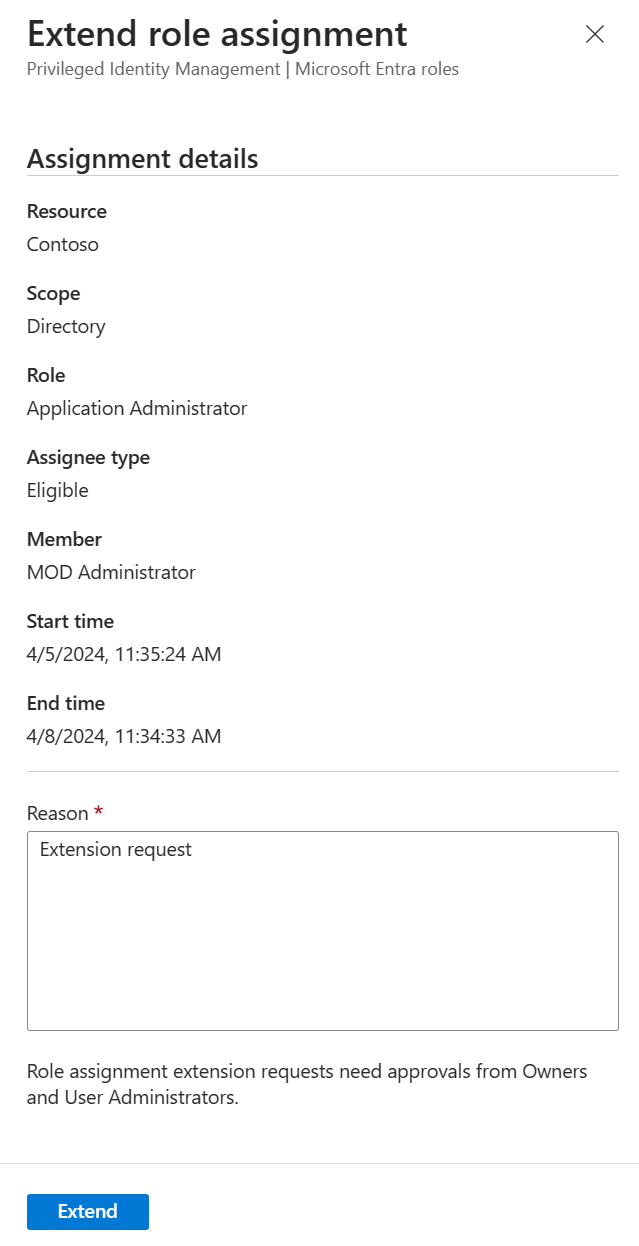 Screenshot showing the extend role assignment pane with a Reason box.