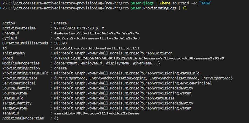 Screenshot of provisioning logs.