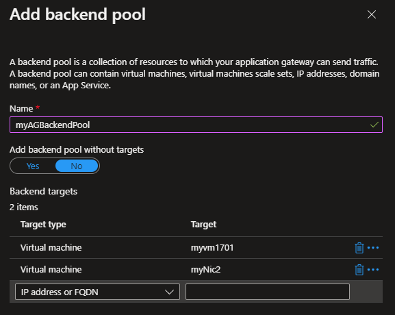 Screenshot of Application Gateway backend.