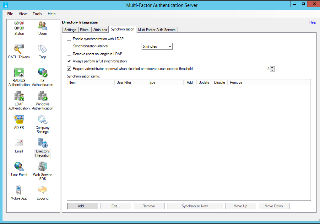 Synchronization of directory objects to MFA Server