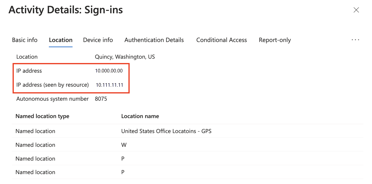 Screenshot of a sign-in log entry with both IP address and IP address seen by resource.