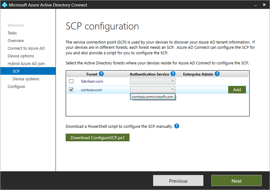 A screenshot showing Microsoft Entra Connect and options to for SCP configuration in a managed domain.