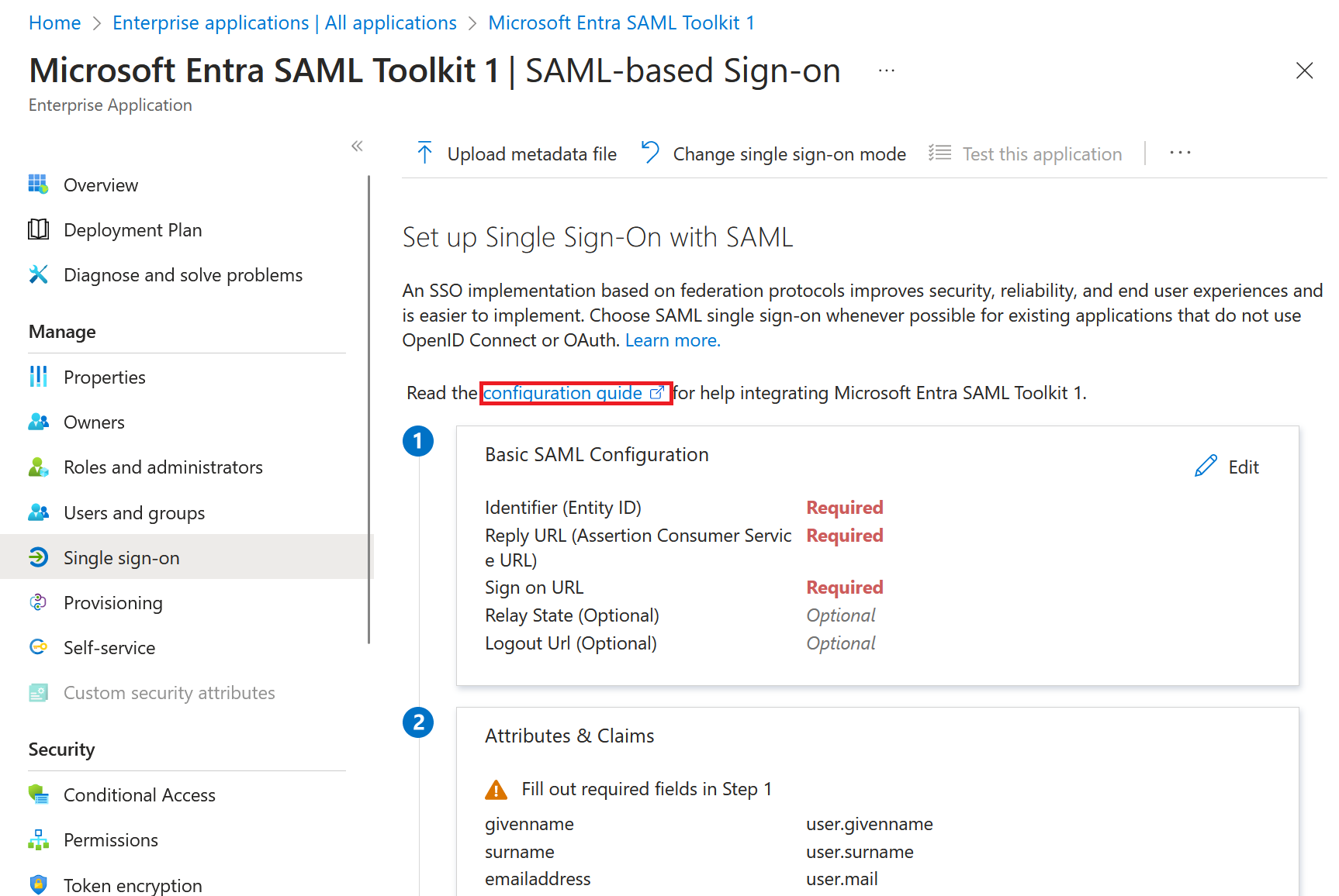 Screenshot showing how to configure single sign-on for an enterprise application.