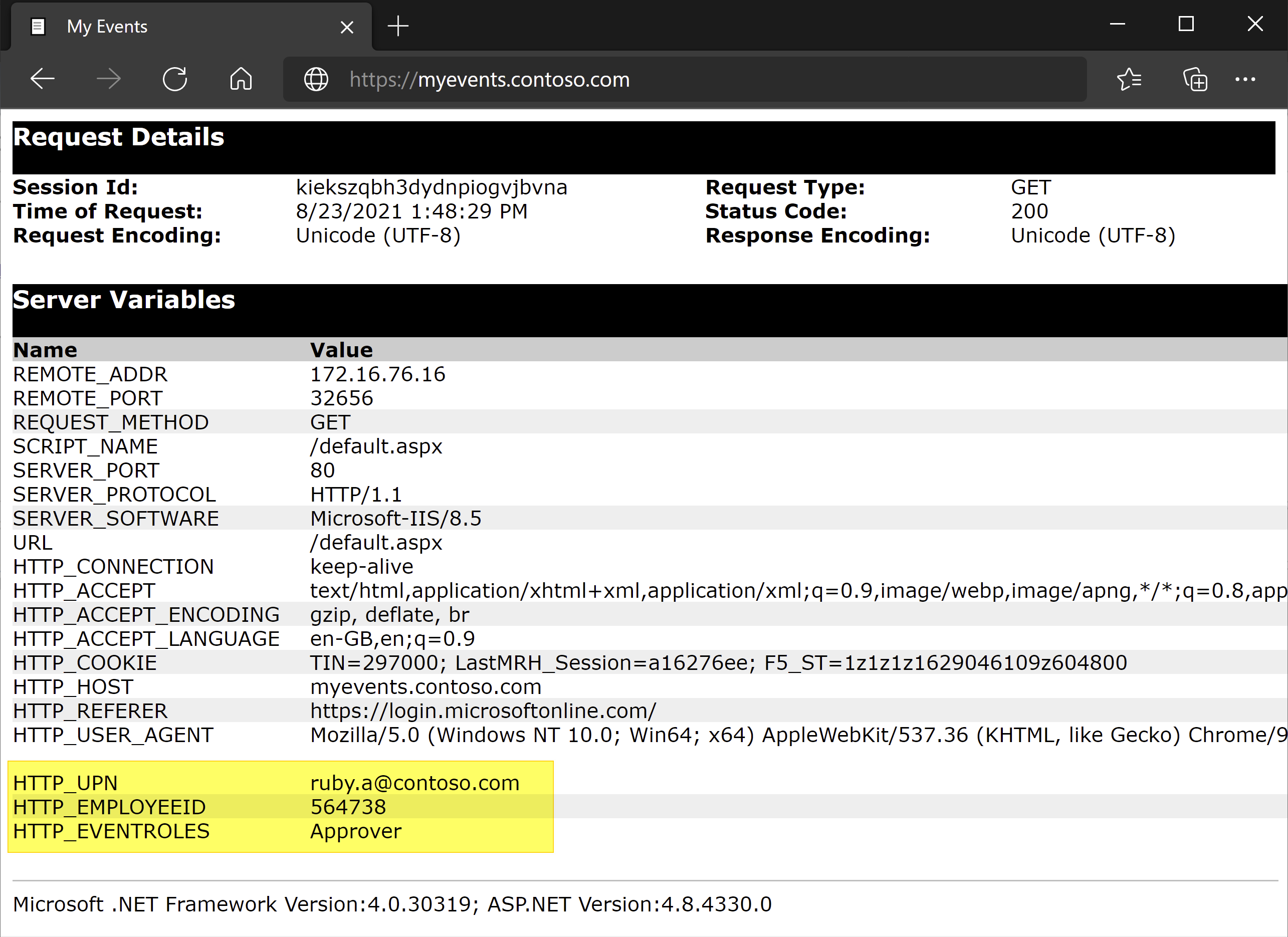 Screenshot of UPN, employee ID, and event roles under Server Variables.