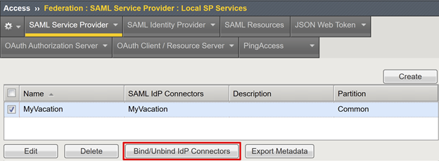 Screenshot of the Bind Unbind IdP Connectors option on the SAML Service Provider tab.