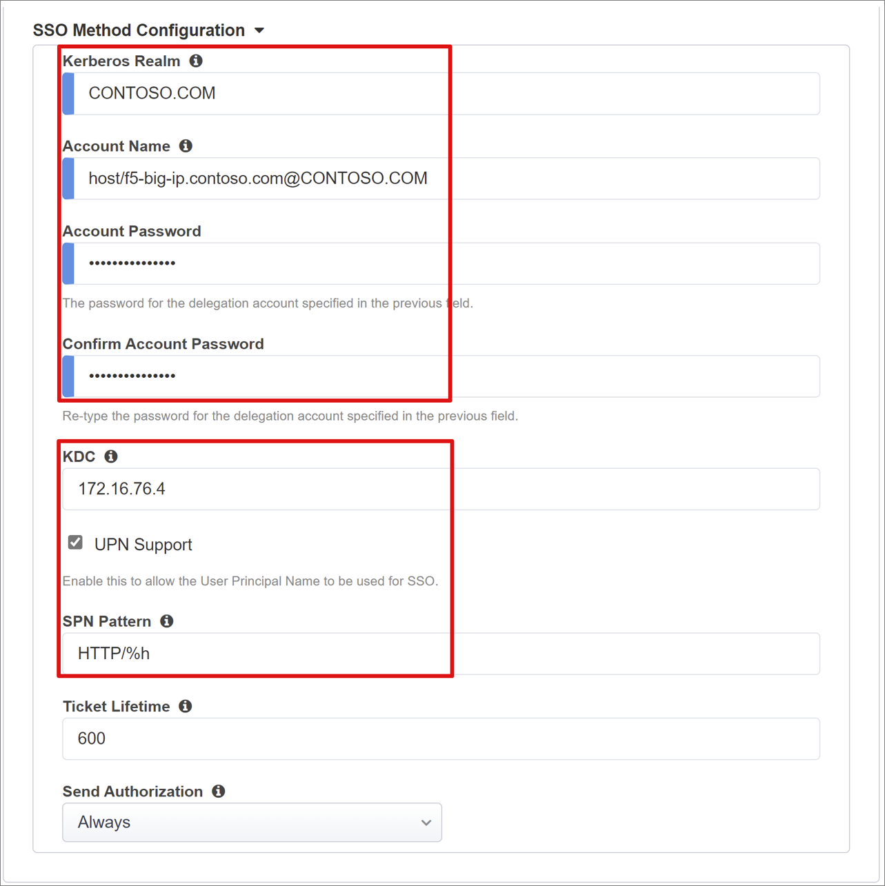 Screenshot of options and selections for SSO Method Configuration.