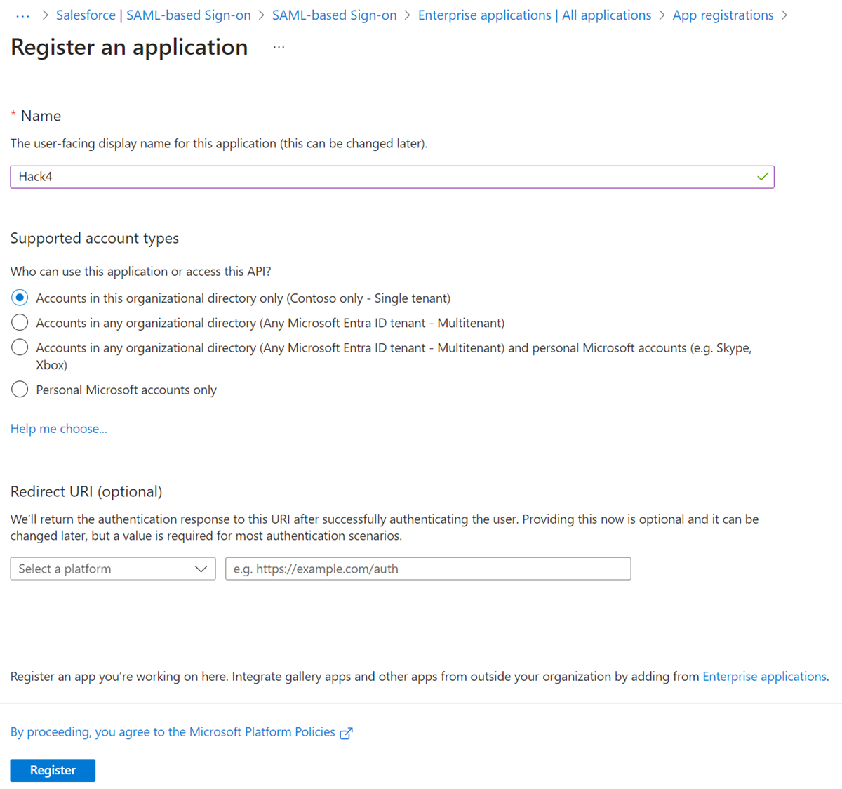 Screenshot of the option for Accounts in any organizational directory (Any Microsoft Entra directory - Multitenant).