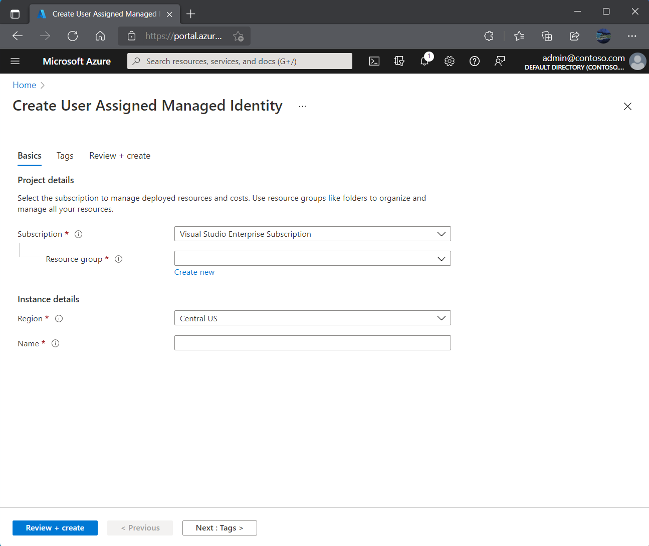 Screenshot that shows the Create User Assigned Managed Identity pane.