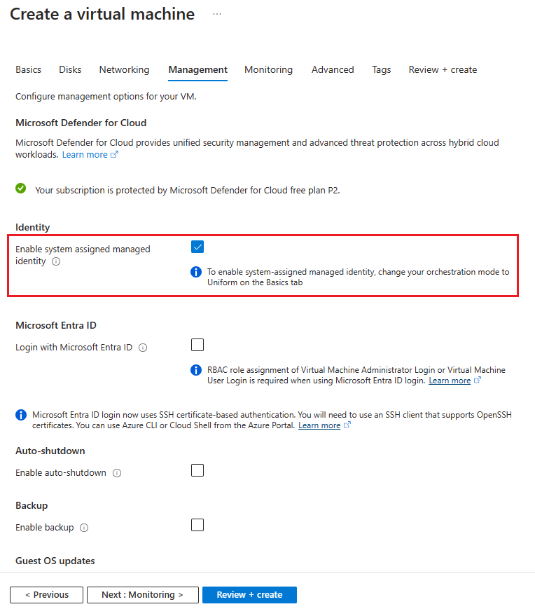 Image showing how to enable system assigned managed identities while creating a VM.