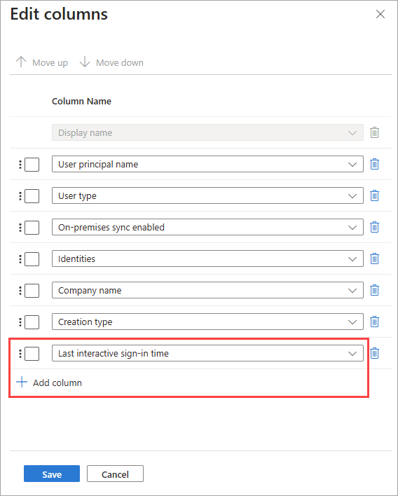 Screenshot of the Edit columns pane with the Last interactive sign-in time option highlighted.