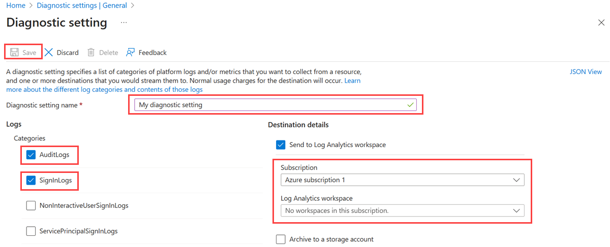 Screenshot of the select diagnostics settings options.