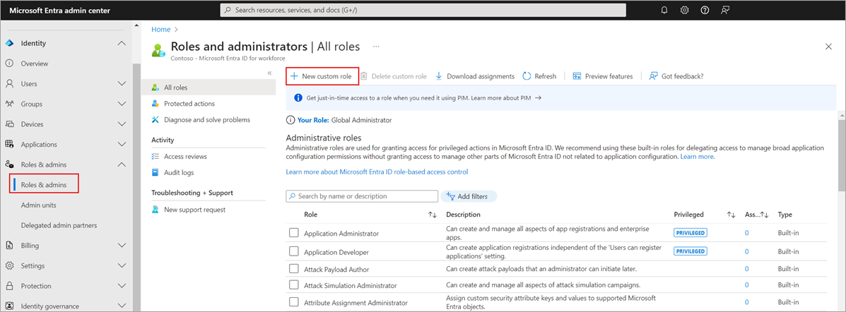 Add a new custom role from the roles list in Microsoft Entra ID