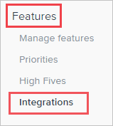 Screenshot of the 15Five admin console. Integrations appears under Features in a menu, and both Features and Integrations are highlighted.