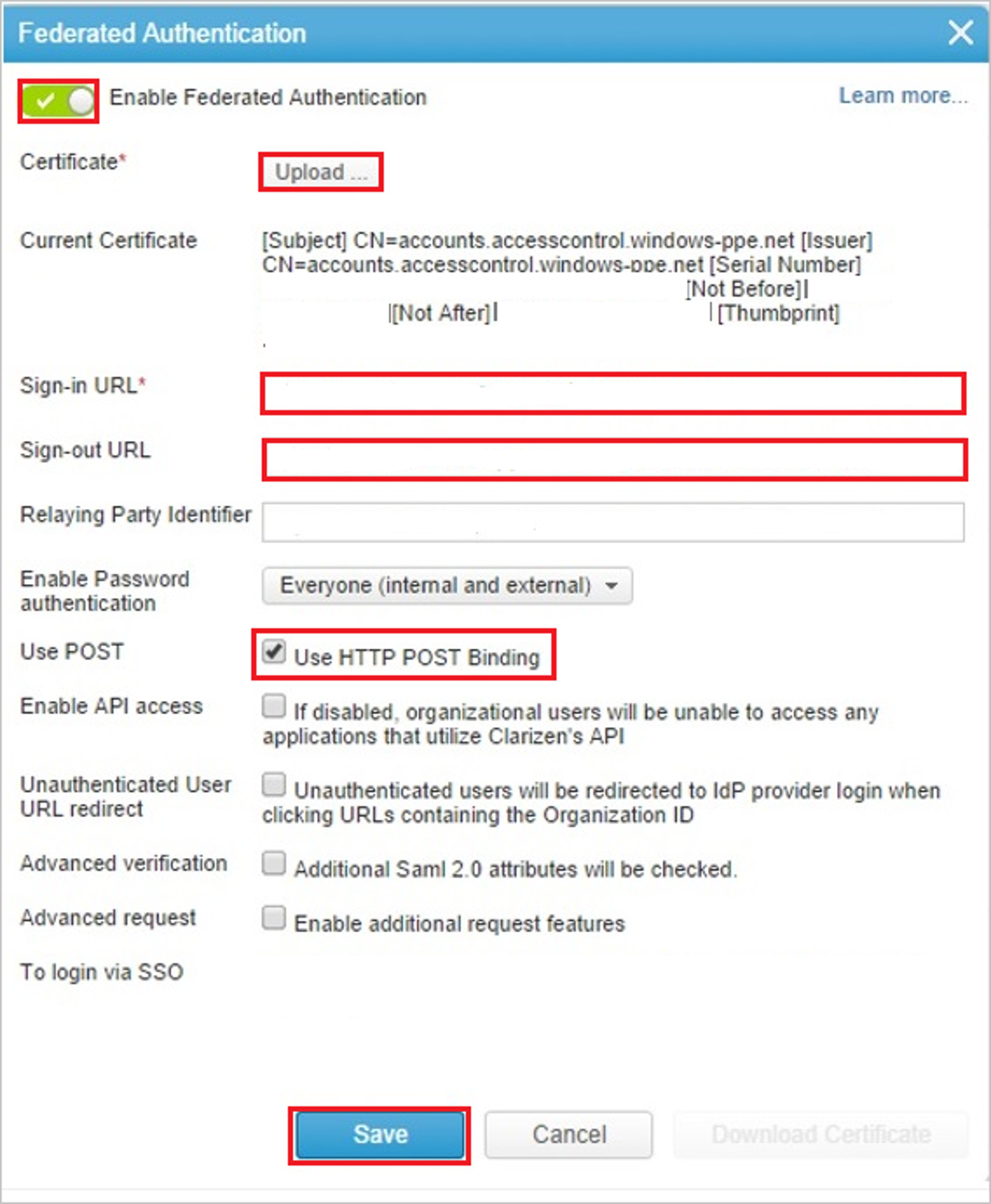 "Federated Authentication" dialog box