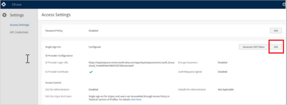 Screenshot that shows the "Access Settings - Single Sign-On" tab with the "Edit" button selected.