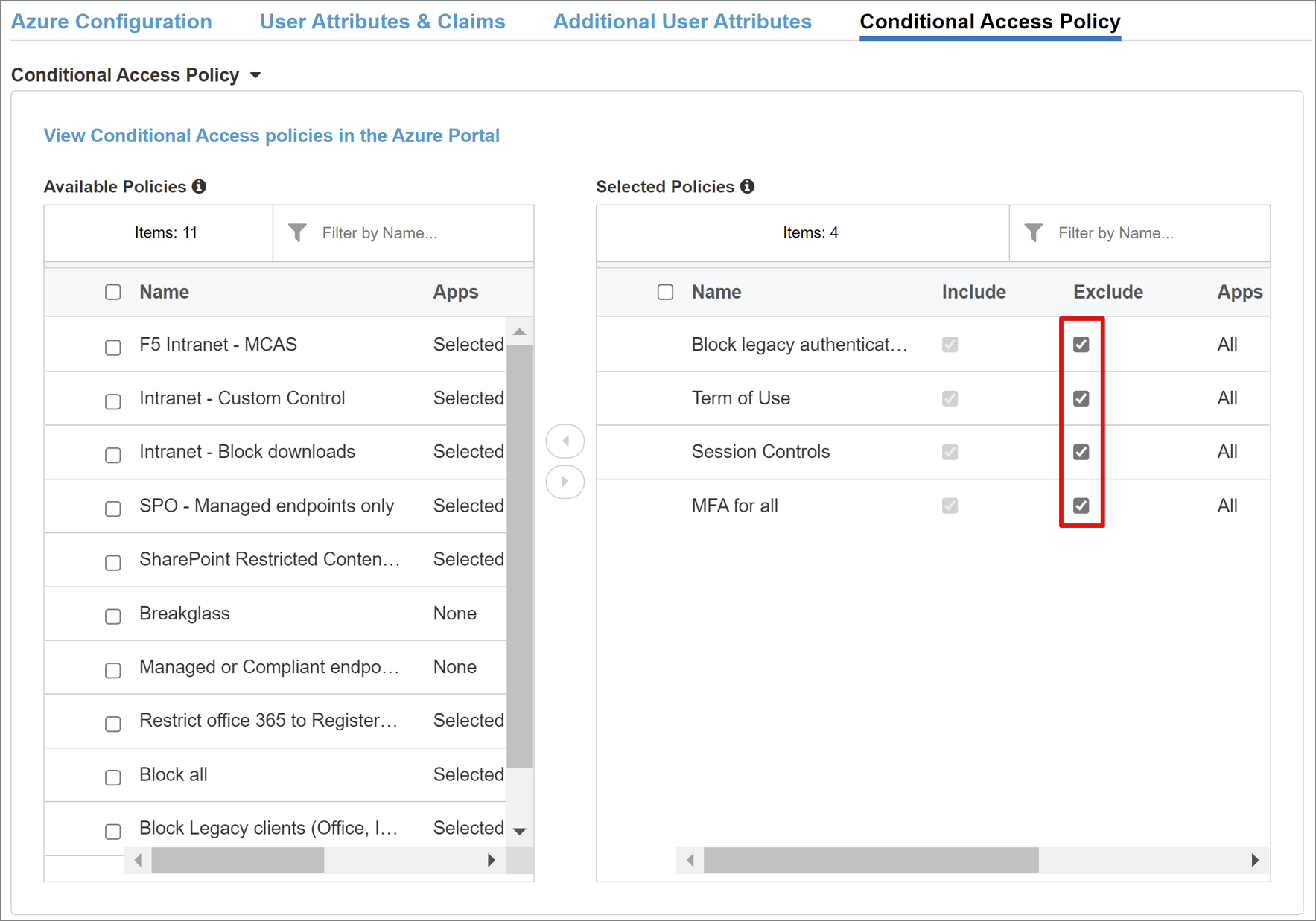 Screenshot for Conditional Access policies.