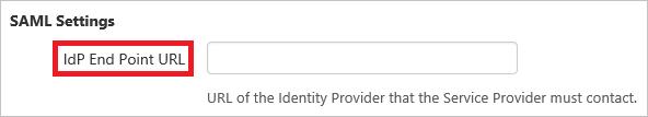 Screenshot that shows the "S A M L Settings" section with "I d P End Point U R L" highlighted.