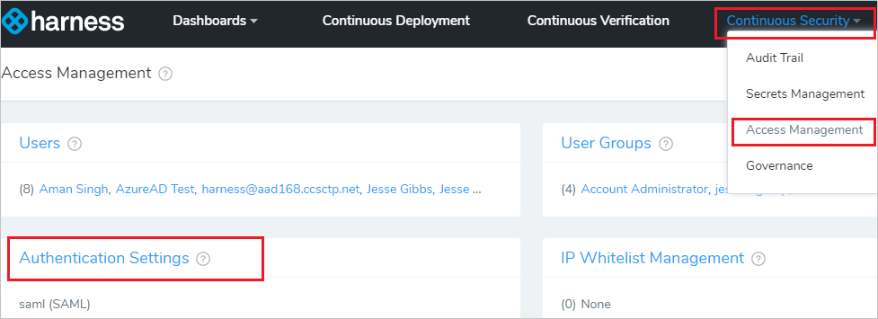 Screenshot that shows the "Continuous Security" menu with "Access Management" and "Authentication Settings" selected.