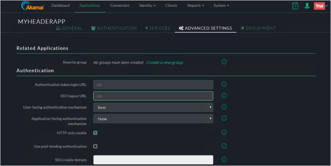 Screenshot of the Akamai EAA console Advanced Settings tab showing the SSO Logged URL field highlighted under Authentication.