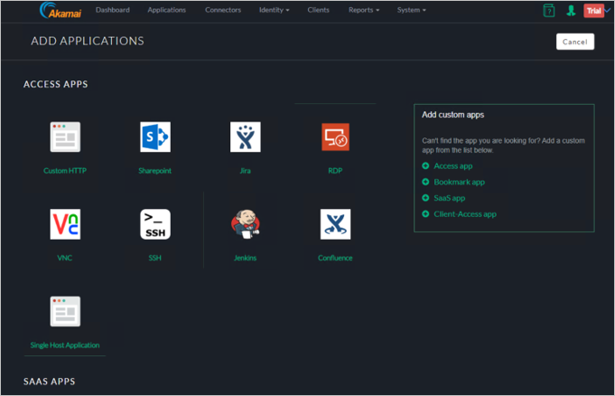 Screenshot of the Akamai EAA console Add Applications wizard showing SSH listed among the apps in the Access Apps section.