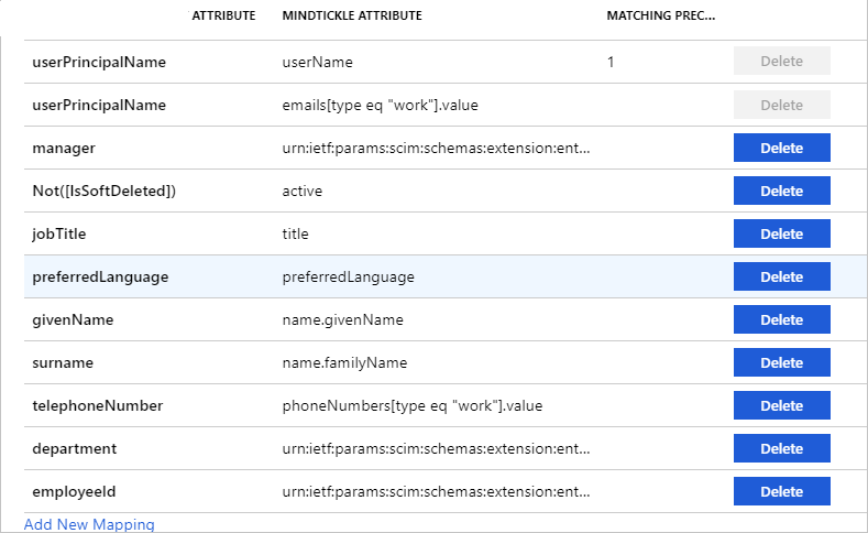 Screenshot of the Attribute Mappings page. A table lists Microsoft Entra ID and MindTickle attributes and the matching precedence.