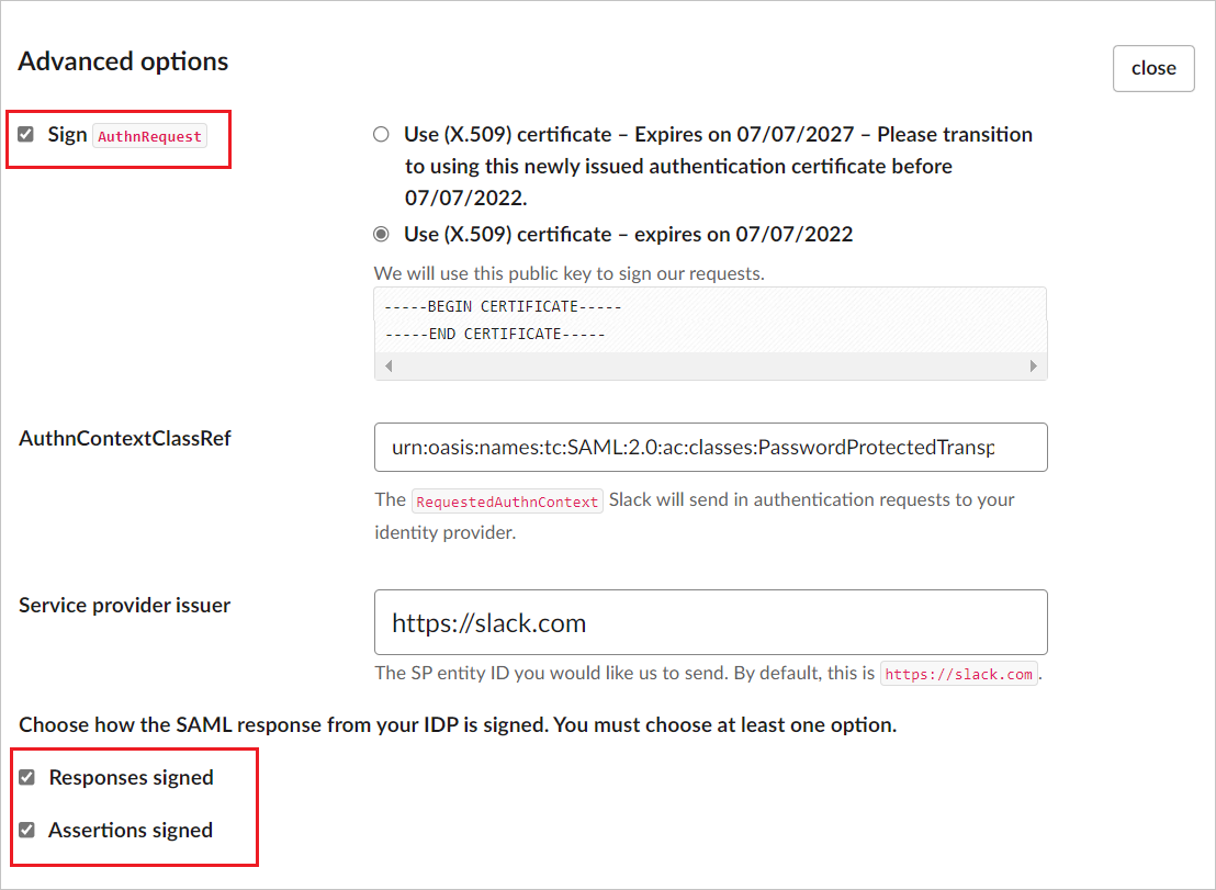 Screenshot of Configure Advanced options single sign-on On App Side.