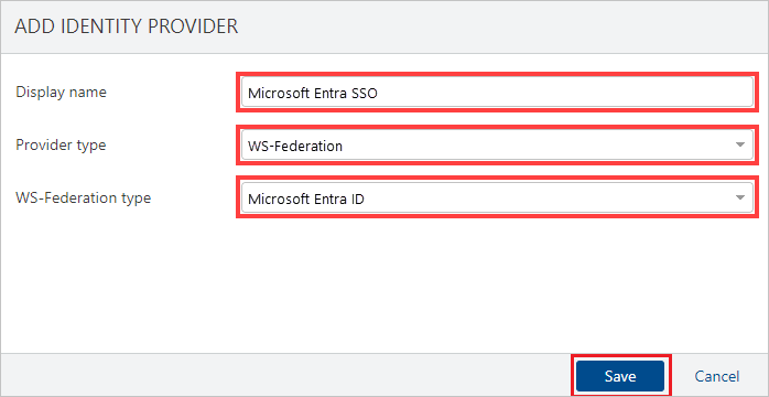 Screenshot shows the ADD IDENTITY PROVIDER section where you can enter the values described.