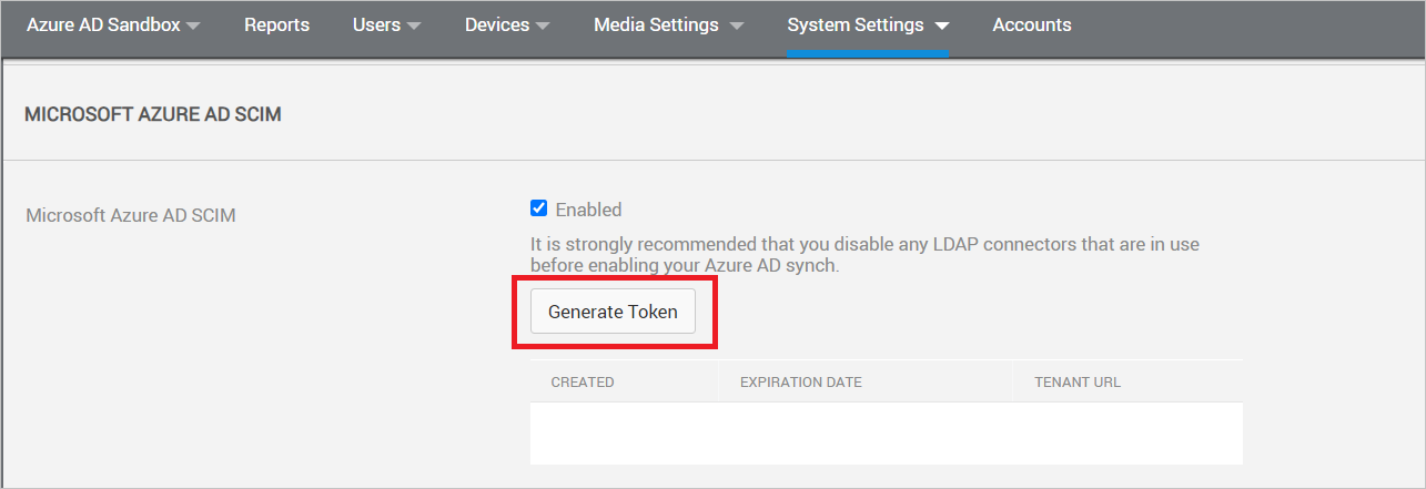 Screenshot of the Vbrick Rev User Security Settings with the Microsoft AD SCIM enable.