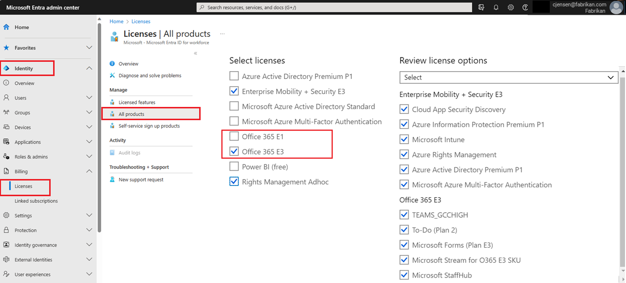 Screenshot of selecting the Assignments command on a user or group Licenses page.