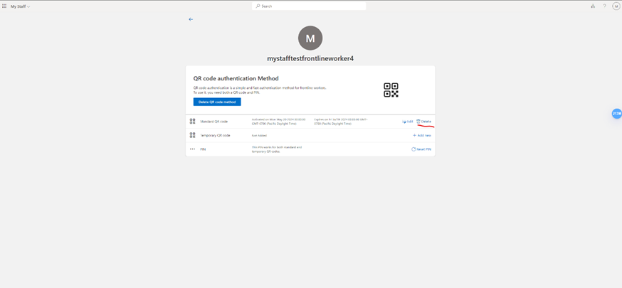 Screenshot that shows how to delete a QR code in My Staff.