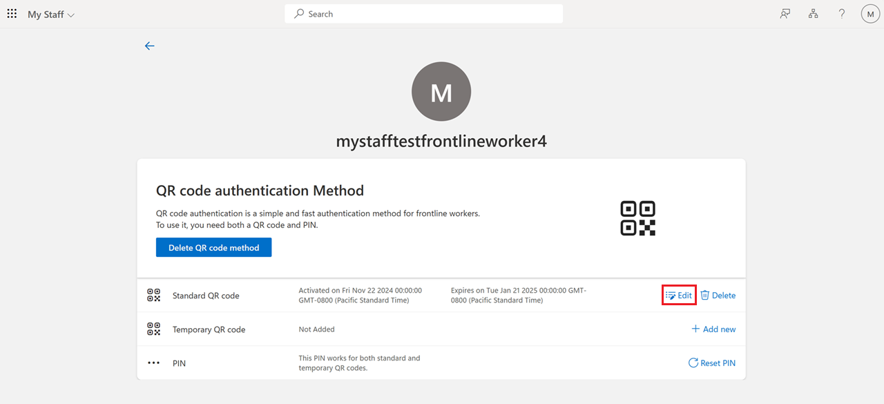 Screenshot that shows how to edit a QR code in My Staff.