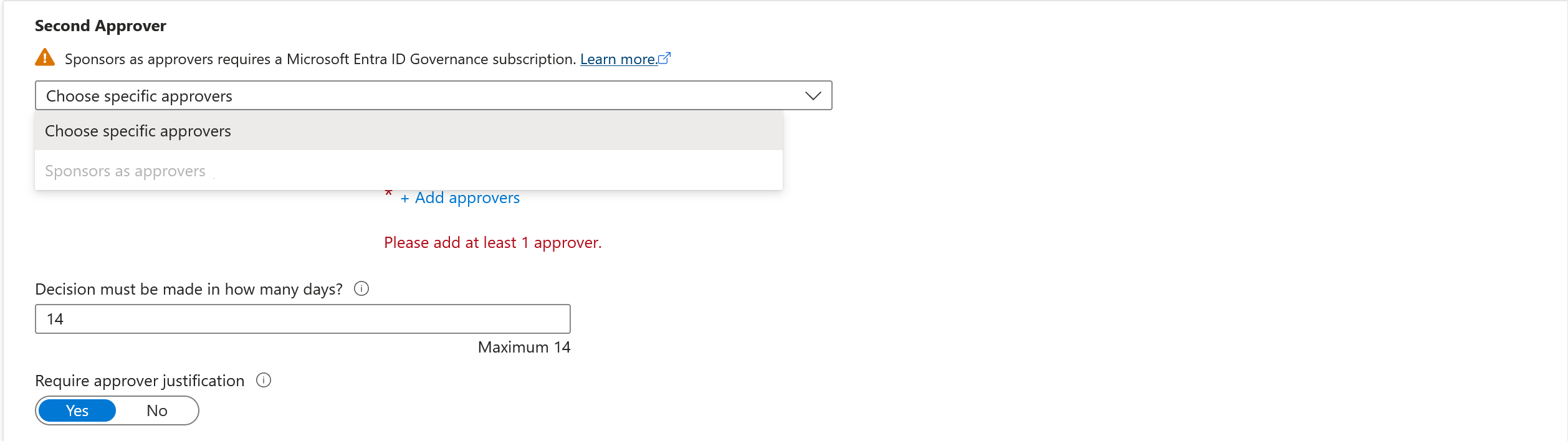 Screenshot that shows options for a second approver if the policy is set to users in your directory.