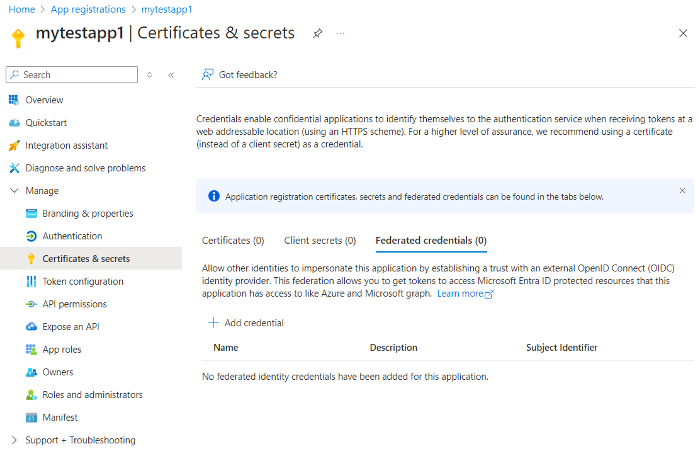 Screenshot of the certificates and secrets pane of the Microsoft Entra admin center with the federated credentials tab highlighted.